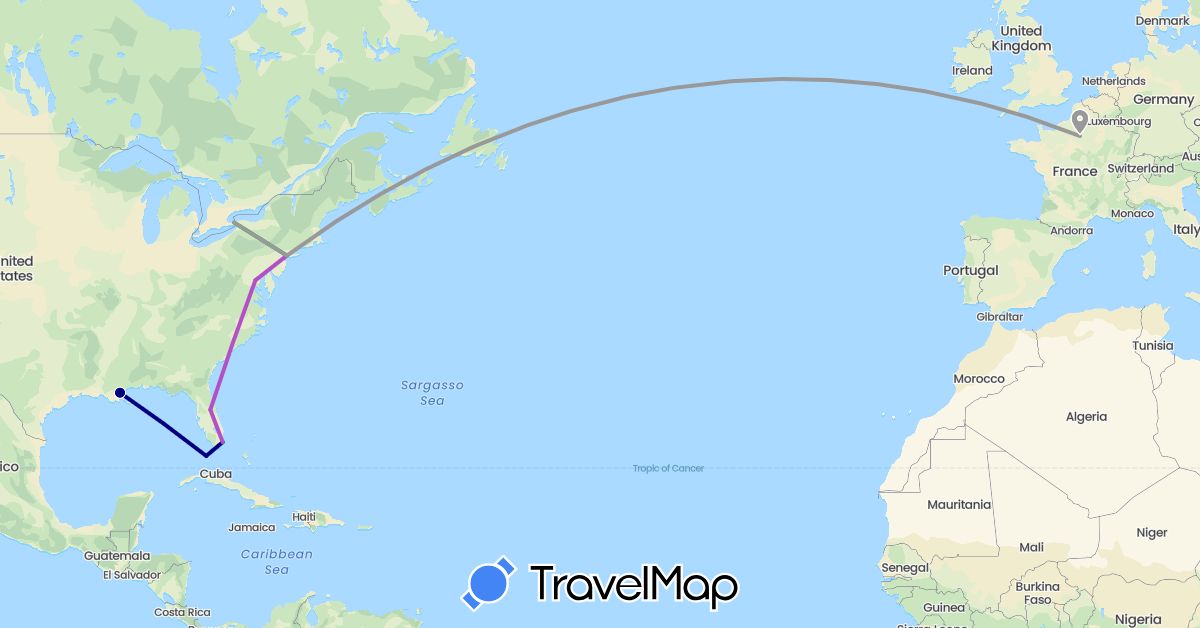 TravelMap itinerary: driving, bus, plane, train in France, United States (Europe, North America)